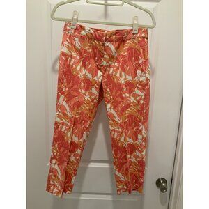 J. Jill Capri Pant Size 2 (12) Coral Orange Pink Leaf Print Stretch NWT